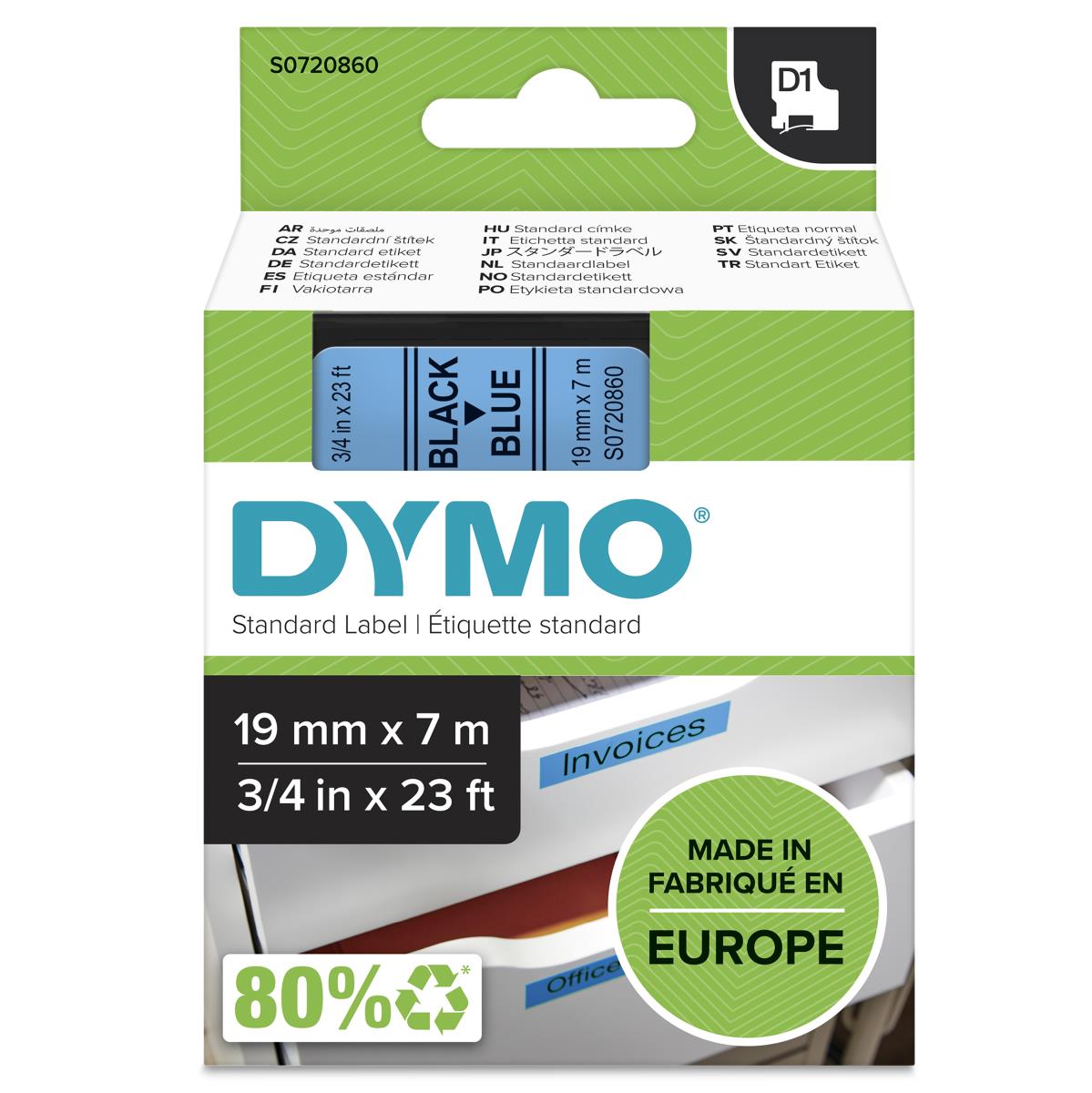 DYMO D1 Standard Tape Black On Blue 19mmx7m