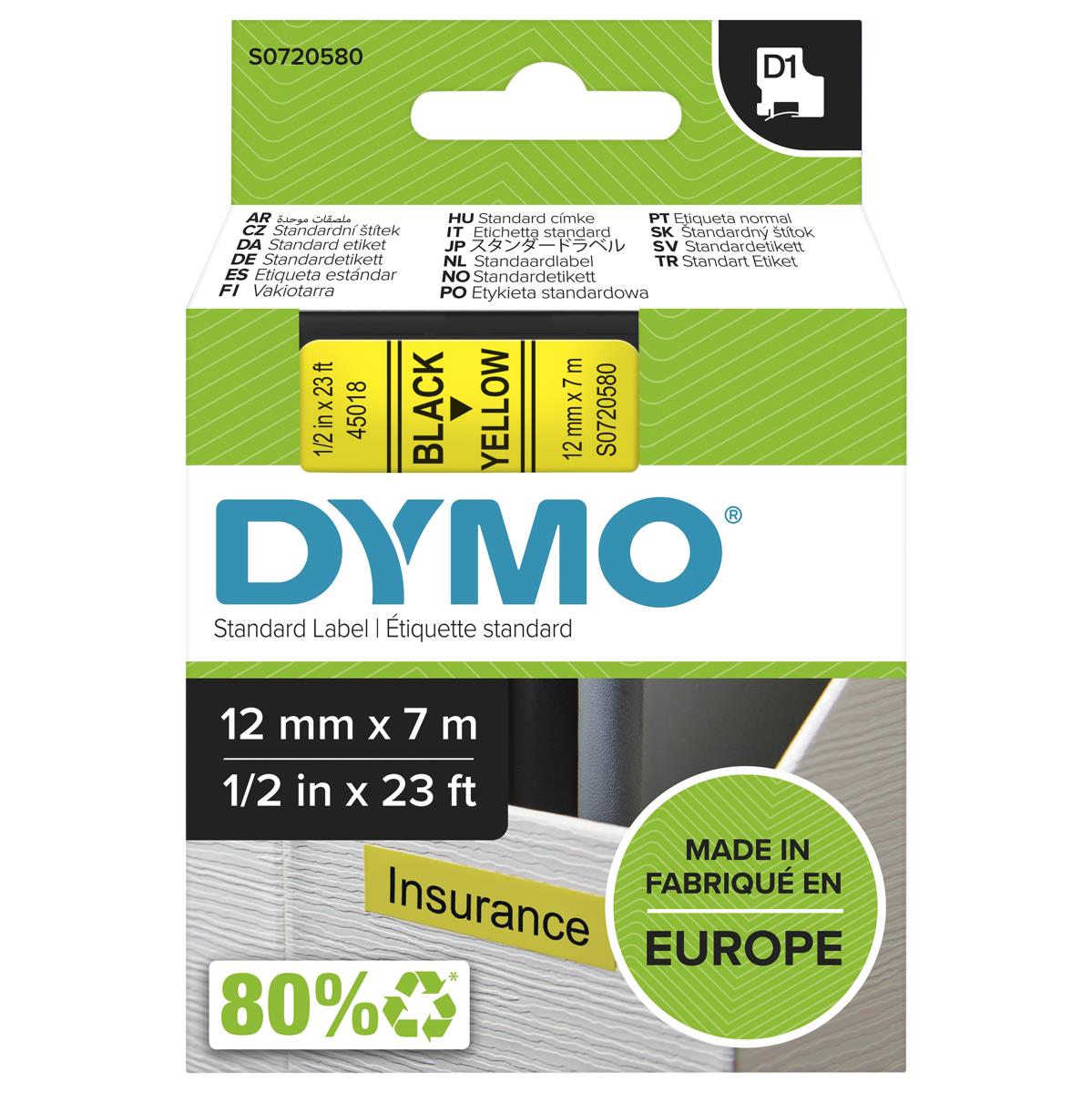 DYMO D1 Standard Tape Black On Yellow 12mmx7m