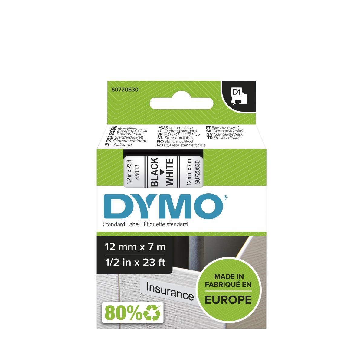 DYMO D1 Standard Tape Black On White 12mmx7m