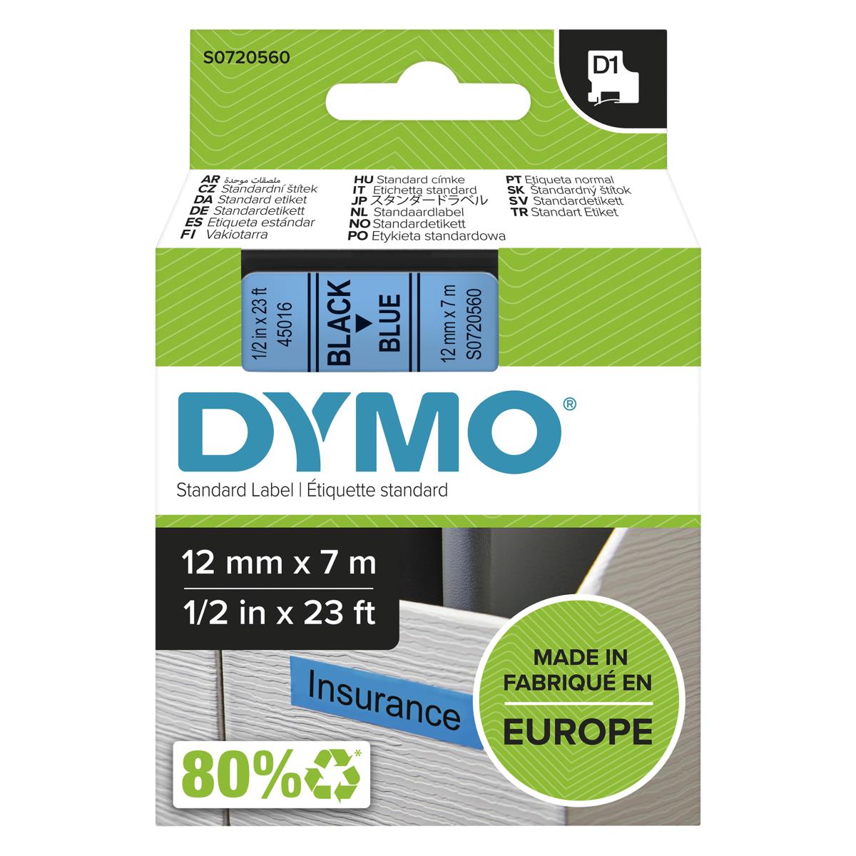 DYMO D1 Standard Tape Black On Blue 12mmx7m