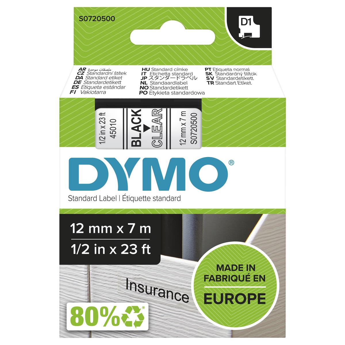 DYMO Labelmanager Tape 12mmx7m Black On Transparant