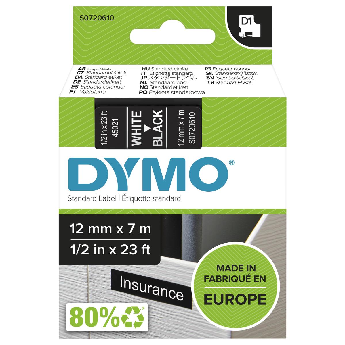 DYMO D1 Standard Tape White On Black 12mmx7m