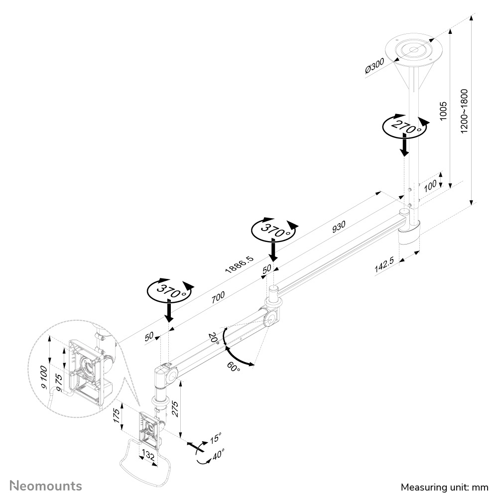 NEOMOUNTS MEDICAL CEILING MOUNT 10-24IN C MAX 12KG.VESA75X75TO100X100MM