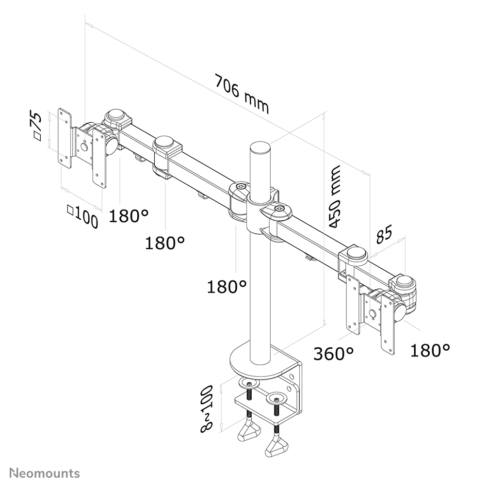 NEOMOUNTS Dual Monitor 10-27in Desk Arm - Height Adjustable - Black