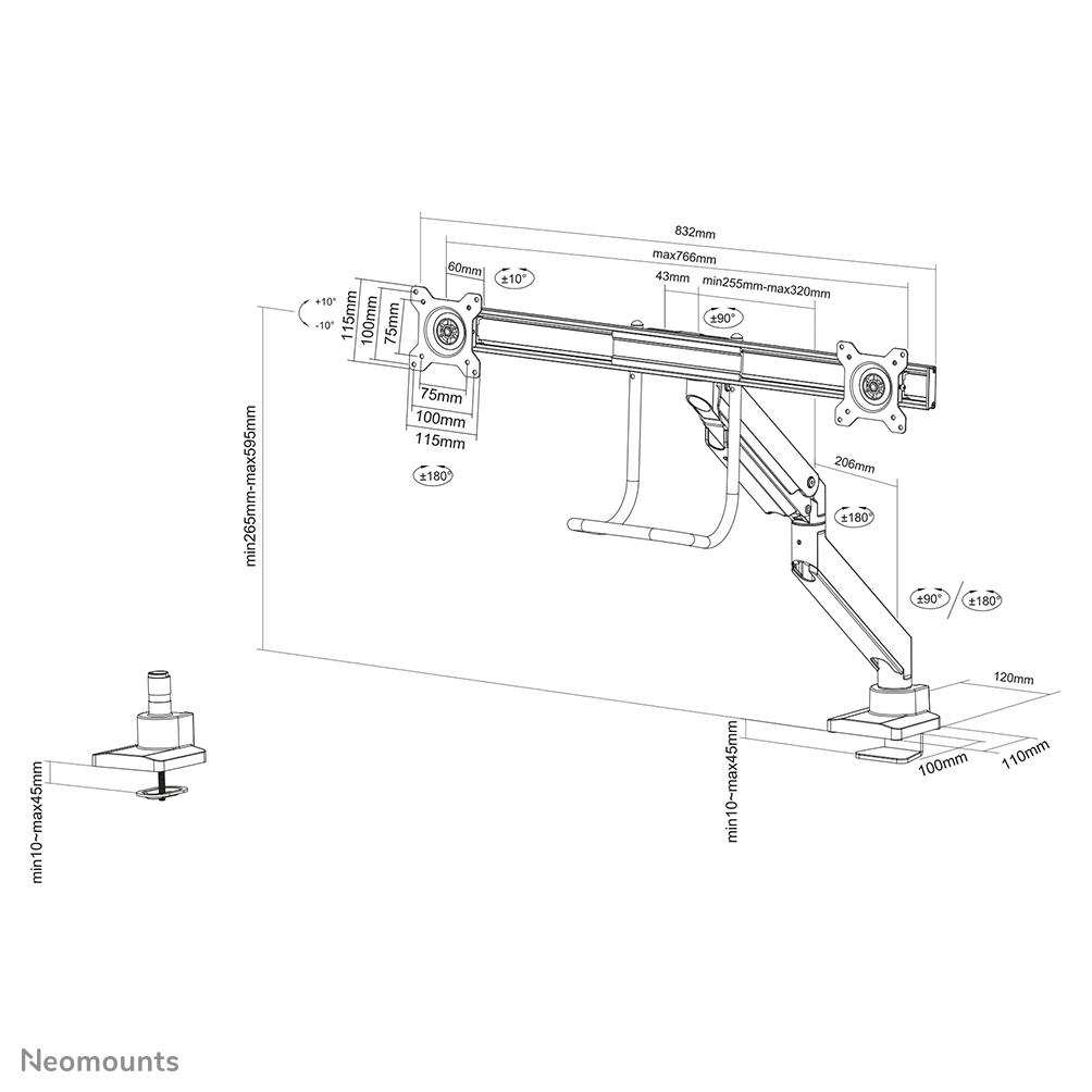 NEOMOUNTS Monitor Mount - Desk - 2 monitor - Full Motion - 10 to 32in - Black