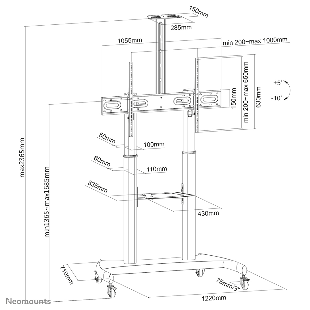 NEOMOUNTS Mobile Flat Screen Floor Stand Height 128-160 Cm