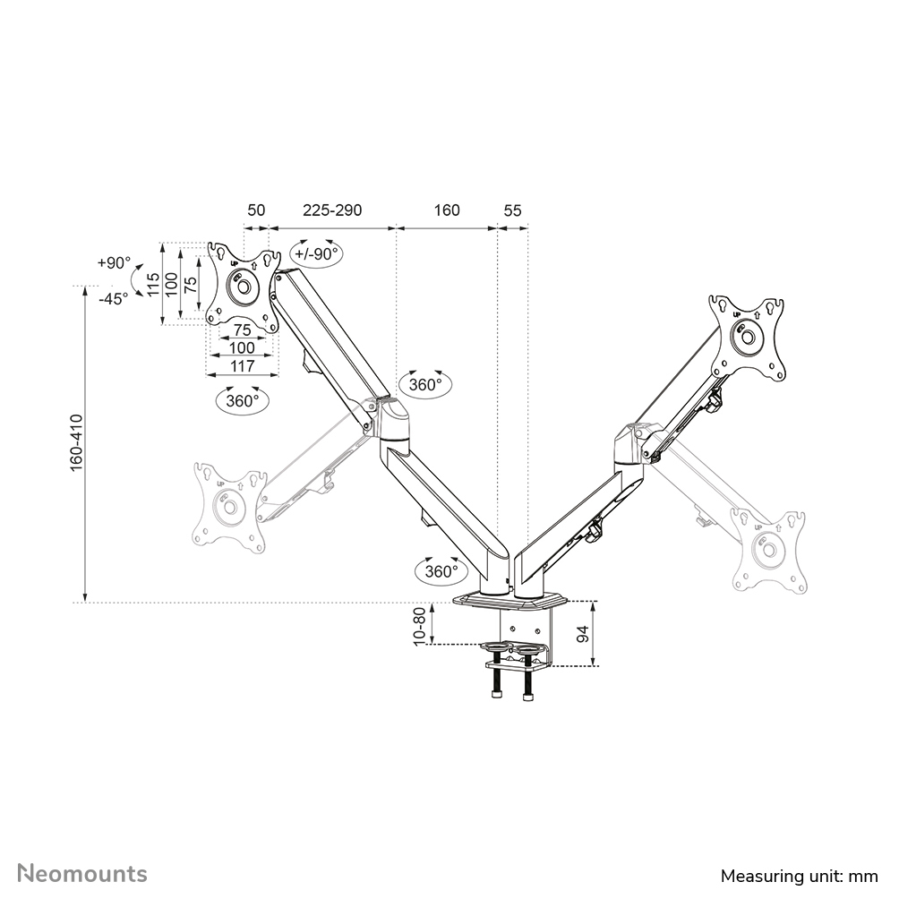 NEOMOUNTS Full Motion Monitor Desk Mount For 17-27in 2 Screens - Black