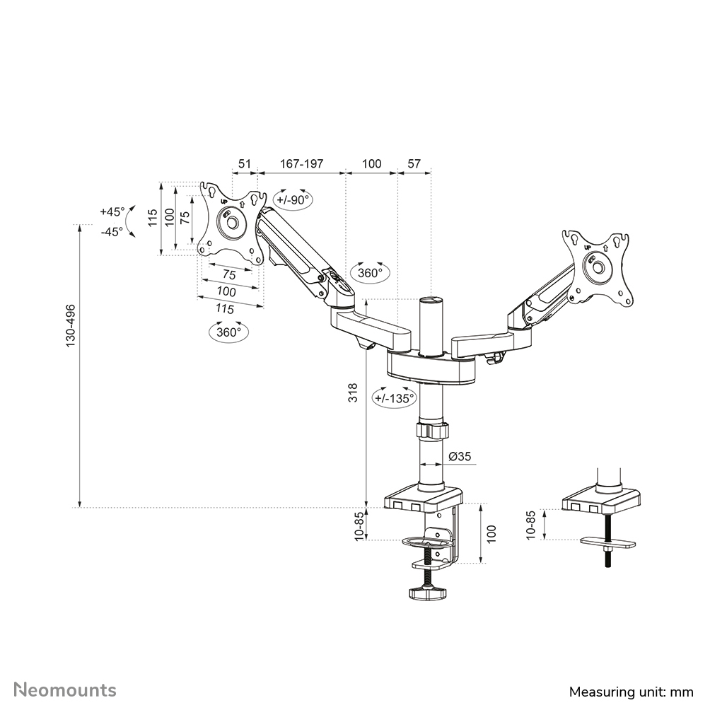 NEOMOUNTS Full Motion Monitor Desk Mount For 17-27in 2 Screens - Black