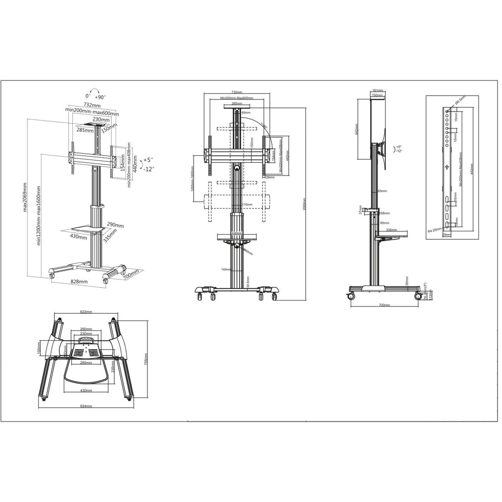 INTELLINET/MANHATTAN TV Cart - 1 TV - Tilt/Rotate/Height-Adjustable - 37 to 86in - Silver/Black