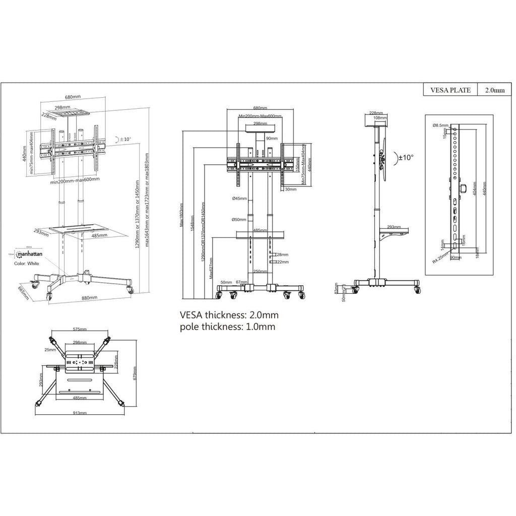 INTELLINET/MANHATTAN TV Cart - 1 TV - Tilt/Rotate/Height-Adjustable - 37 to 70in - Black