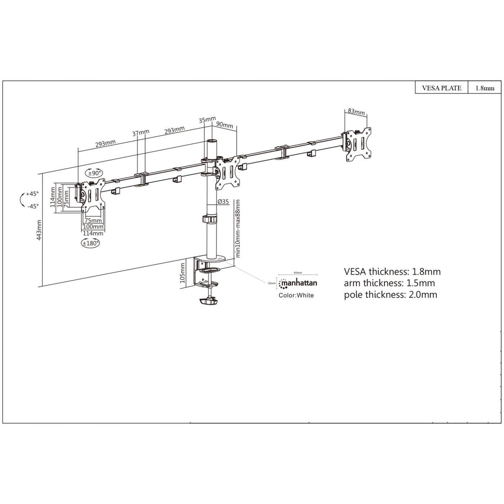 INTELLINET/MANHATTAN Monitor Mount - Wall - 3 Monitors - 13 to 27in - Black