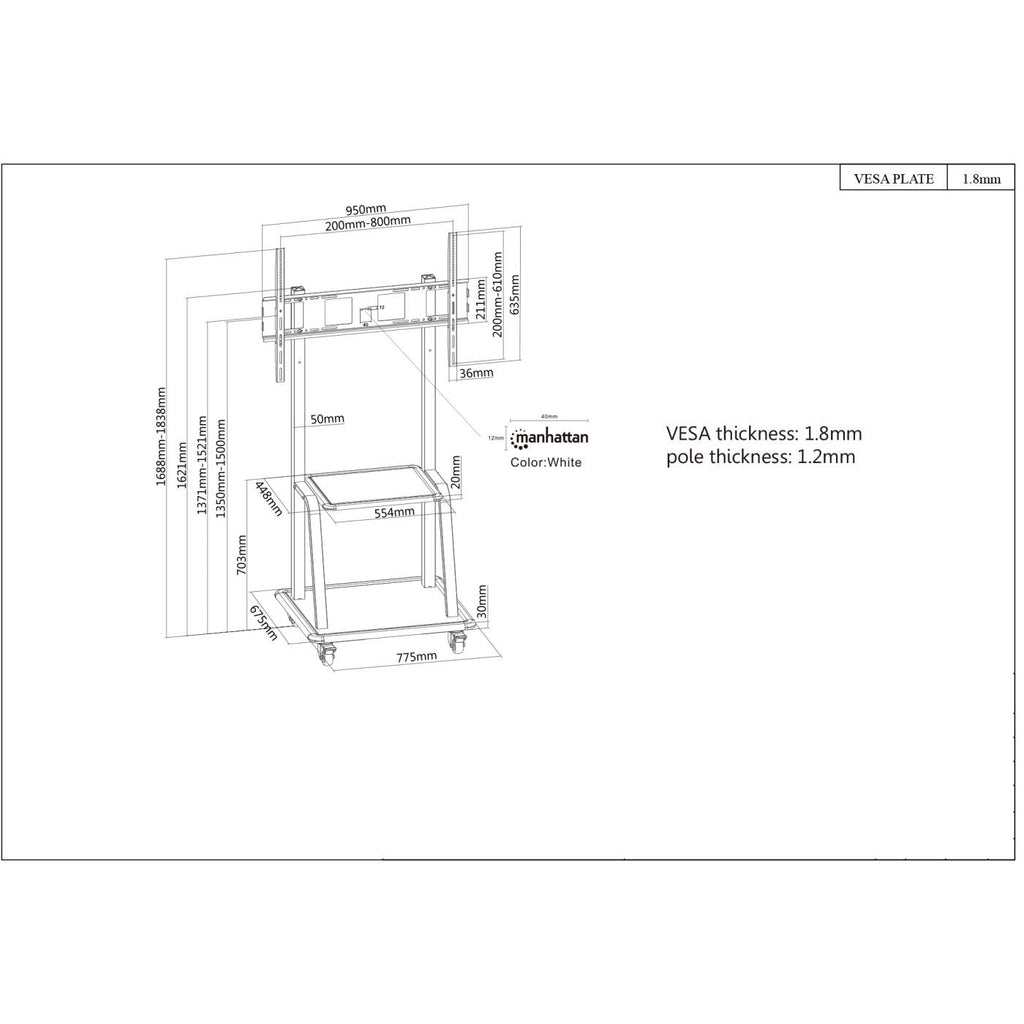 INTELLINET/MANHATTAN TV Cart - 1 TV - Height-Adjustable - 37 to 100in - Black