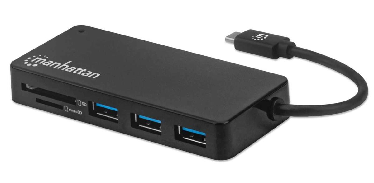 INTELLINET/MANHATTAN USB-C Male to Three USB-A Females and SD/MicroSD Card Reader, 5 Gbps Transfer Speeds, Bus Powered, Black