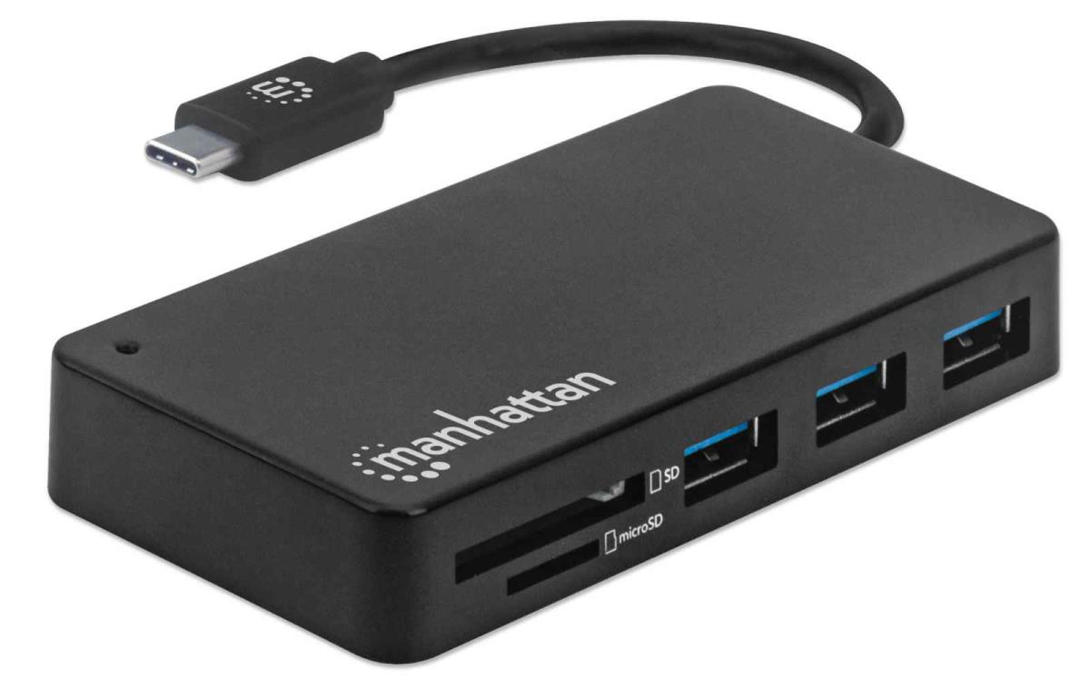 INTELLINET/MANHATTAN USB-C Male to Three USB-A Females and SD/MicroSD Card Reader, 5 Gbps Transfer Speeds, Bus Powered, Black