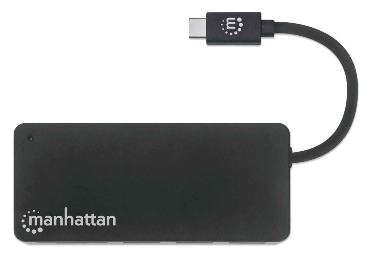 INTELLINET/MANHATTAN USB-C Male to Three USB-A Females and SD/MicroSD Card Reader, 5 Gbps Transfer Speeds, Bus Powered, Black