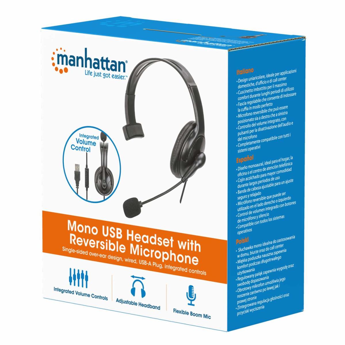 INTELLINET/MANHATTAN Headset with Reversible Microphone - Mono - USB