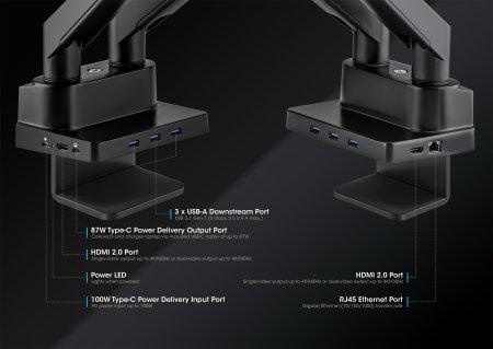 INTELLINET/MANHATTAN Aluminum Gas Spring Dual Monitor Desk Mount with 8-in-1 Docking Station