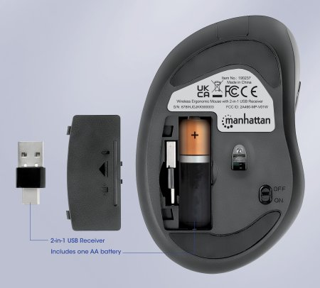 INTELLINET/MANHATTAN Wireless Ergonomic Mouse with 2-in-1 USB Receiver