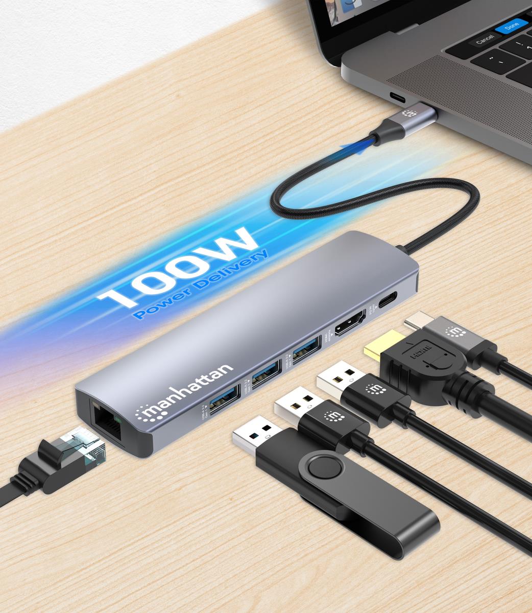 INTELLINET/MANHATTAN USB-C DOCK/HUB Ports (x6): Ethernet, HDMI, USB-A (x3)