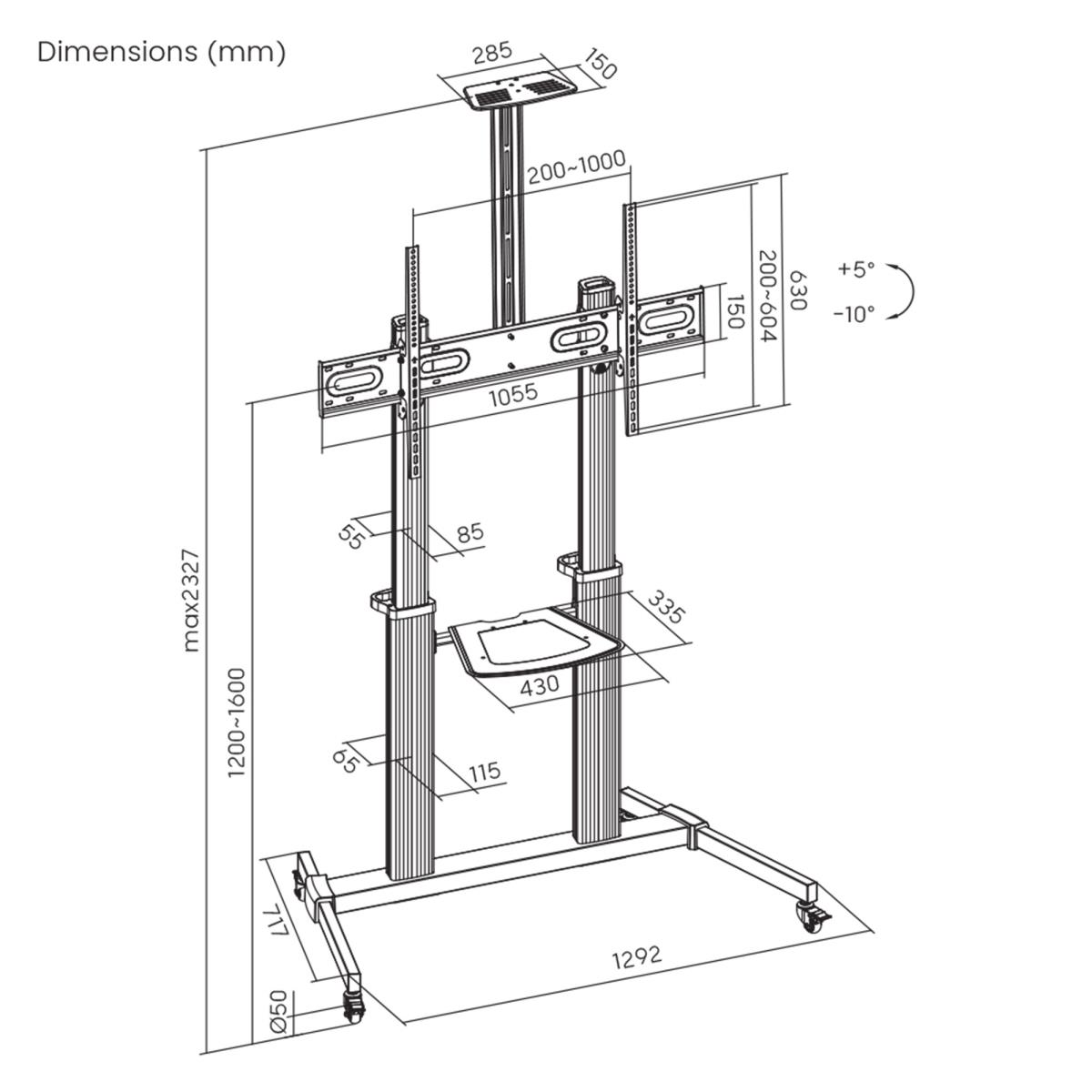 INTELLINET/MANHATTAN TV Cart - 1 TV - Tilt/Height-Adjustable - 60 to 100in - Silver/Black