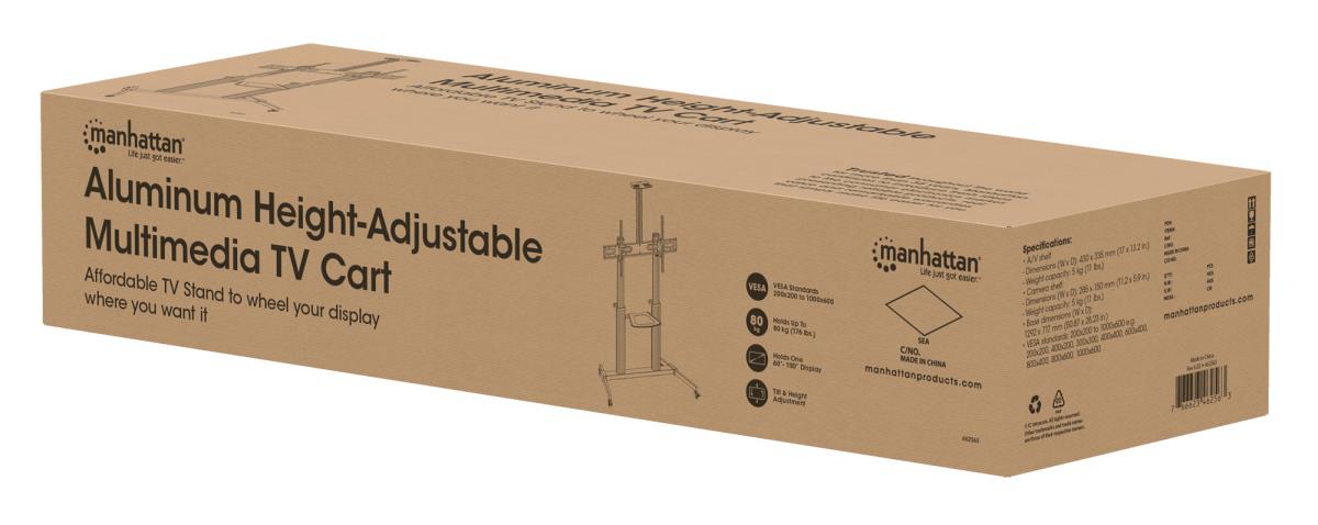 INTELLINET/MANHATTAN TV Cart - 1 TV - Tilt/Height-Adjustable - 60 to 100in - Silver/Black