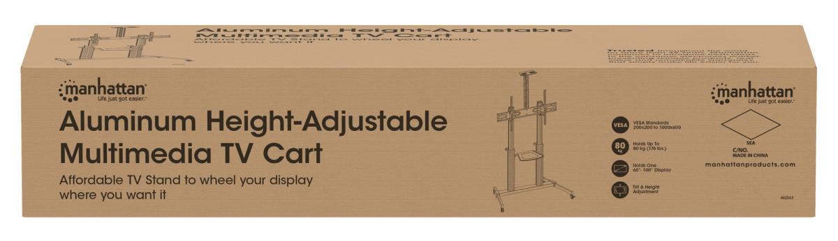 INTELLINET/MANHATTAN TV Cart - 1 TV - Tilt/Height-Adjustable - 60 to 100in - Silver/Black