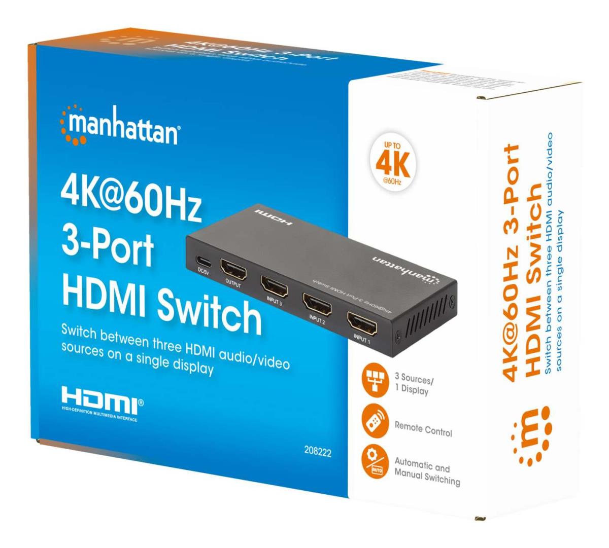 INTELLINET/MANHATTAN HDMI Switch - 4K 60Hz - 3-Port