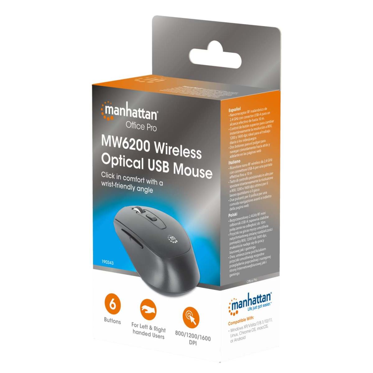 INTELLINET/MANHATTAN Wireless Mouse - MW6200 - Optical - USB - Black