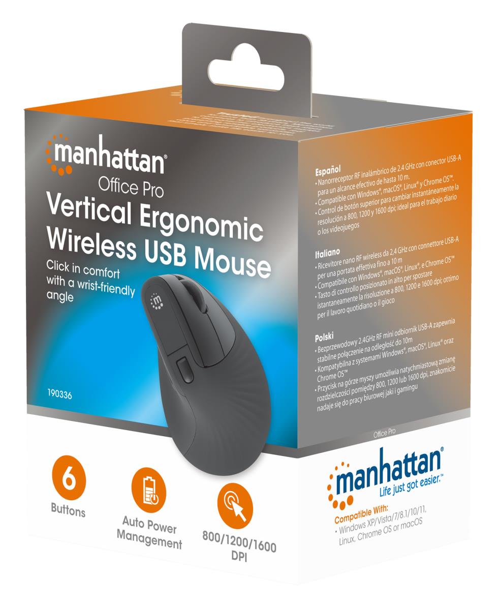 INTELLINET/MANHATTAN Vertical Ergonomic Wireless Mouse - Optical - USB - Black