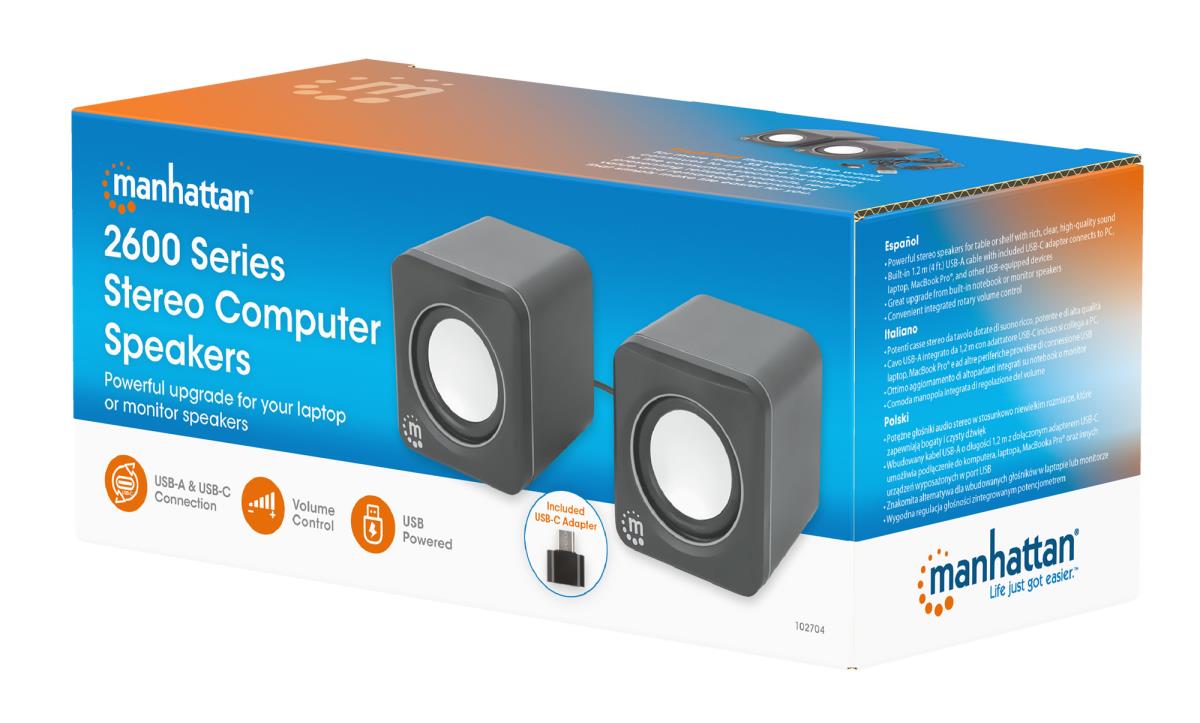 INTELLINET/MANHATTAN Stereo Computer Speakers - 2600 Series - USB - Black/Silver