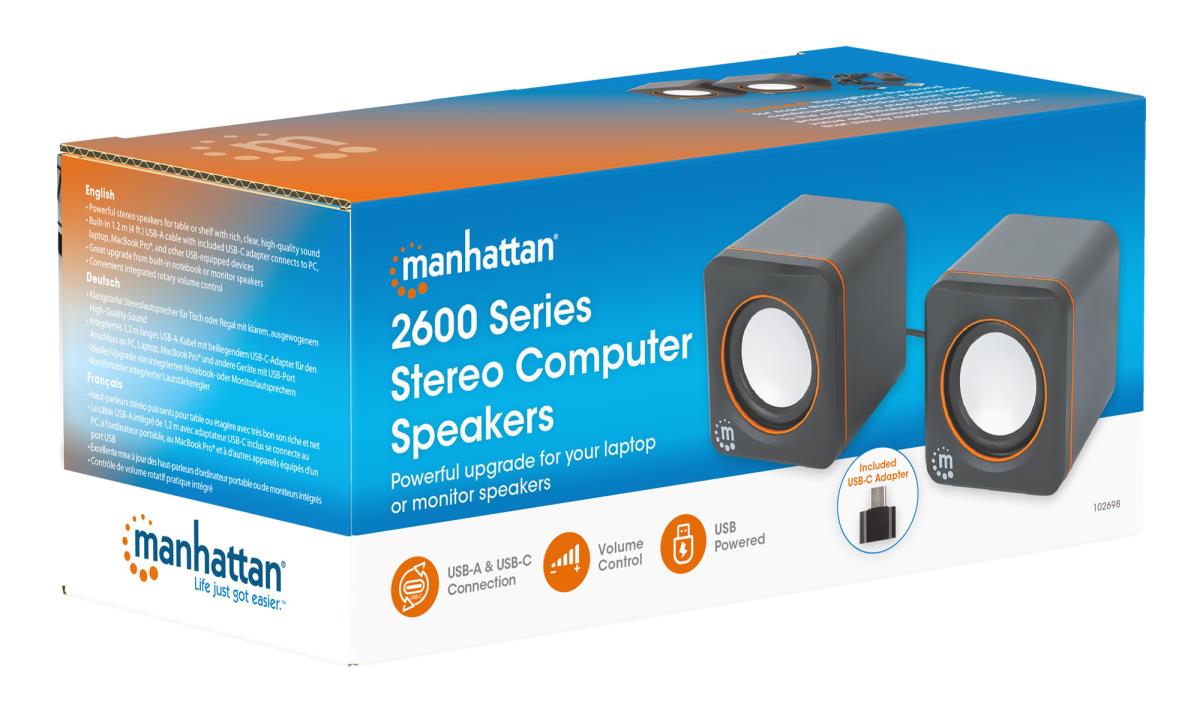 INTELLINET/MANHATTAN Stereo Computer Speakers - 2600 Series - USB - Black/Orange