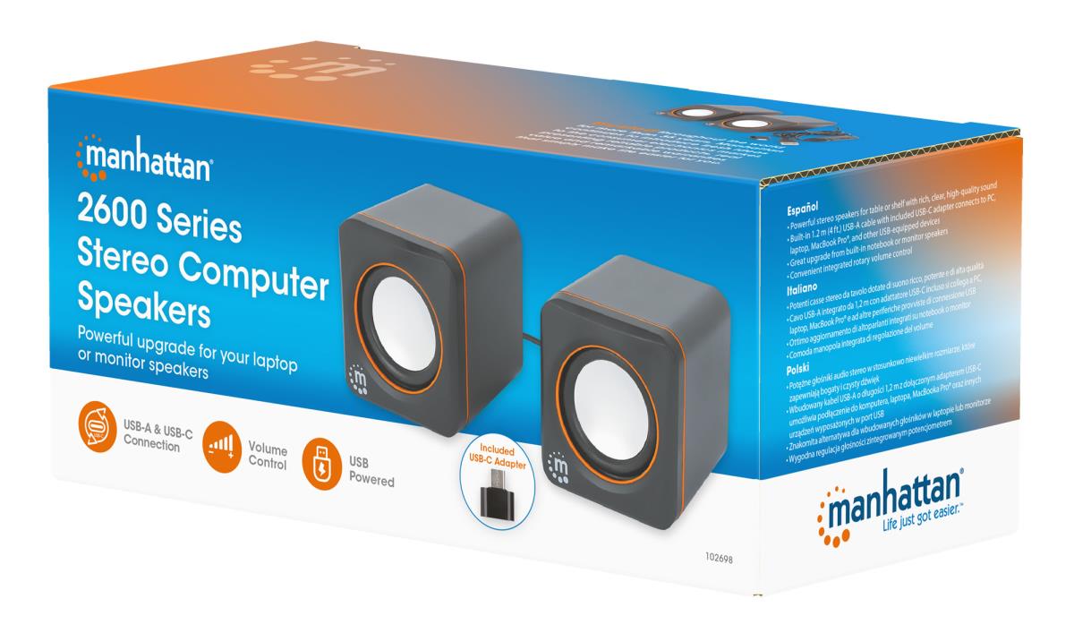 INTELLINET/MANHATTAN Stereo Computer Speakers - 2600 Series - USB - Black/Orange