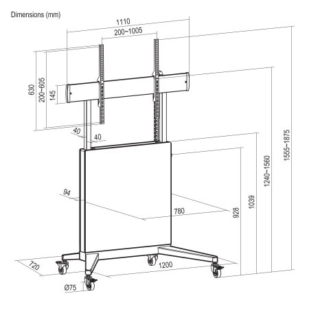 INTELLINET/MANHATTAN TV Cart - 1 TV - Height-Adjustable - 50 to 100in - Black
