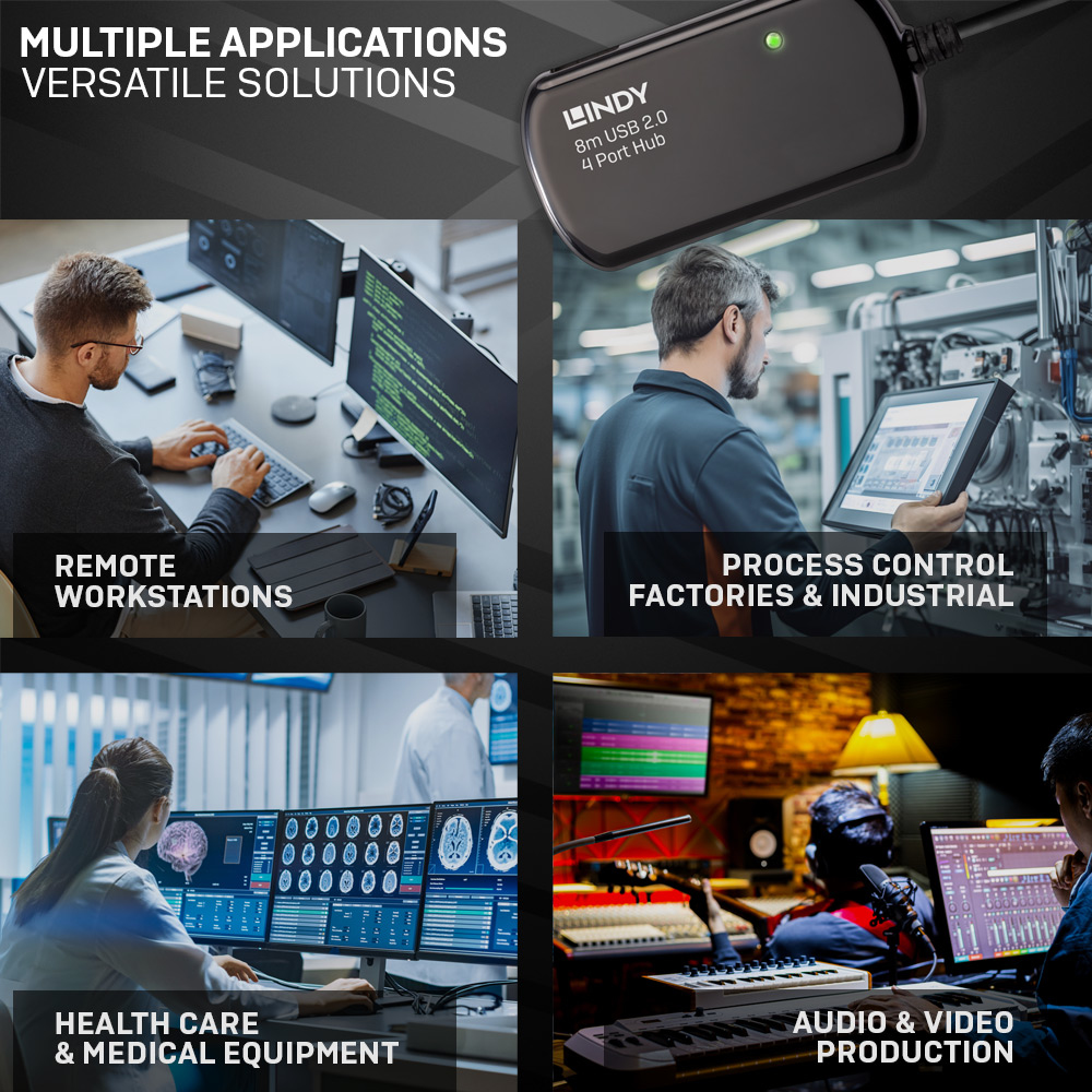 LINDY USB 2.0 Active Extension Pro 4 Port Hub 8m