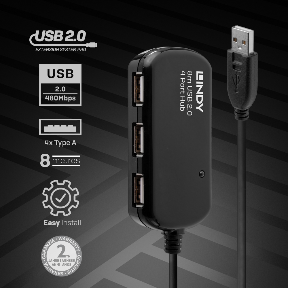 LINDY USB 2.0 Active Extension Pro 4 Port Hub 8m