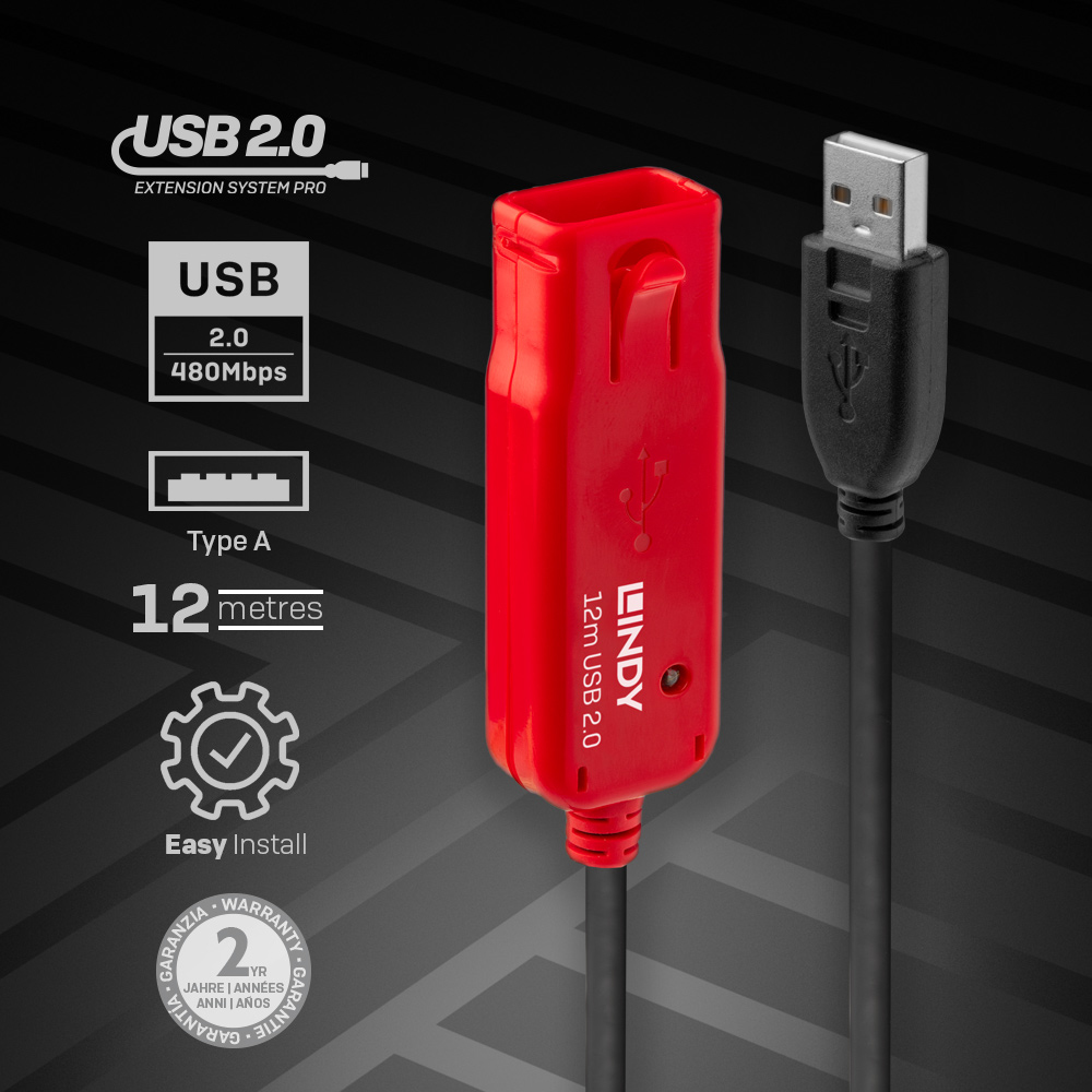 LINDY USB 2.0 Active Extension Cable Pro 12m