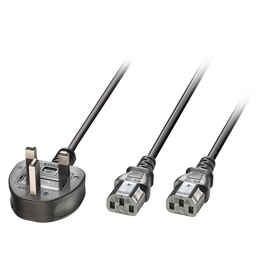 LINDY Splitter Extension Cable - 1 X Uk 3 Pin Plug  To 2 X Iec C13 - Black - 2.5m