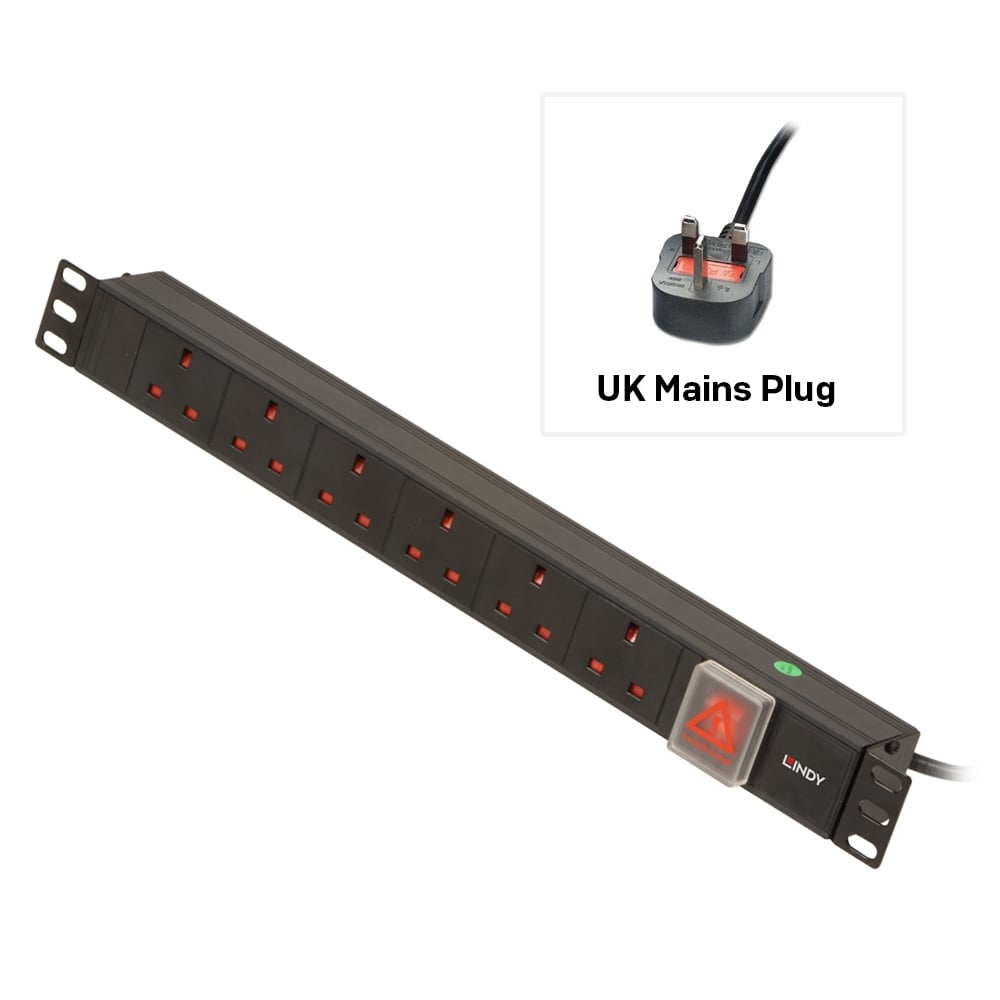 LINDY 1u 6 Way Uk Plug Pdu 1x13a Plug To 6x3 Pin Sockets