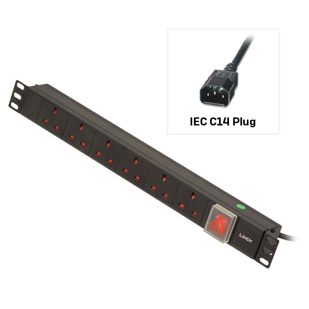 LINDY 1u 6 Way Uk Plug Pdu 1xiec Plug To 6x3 Pin Sockets