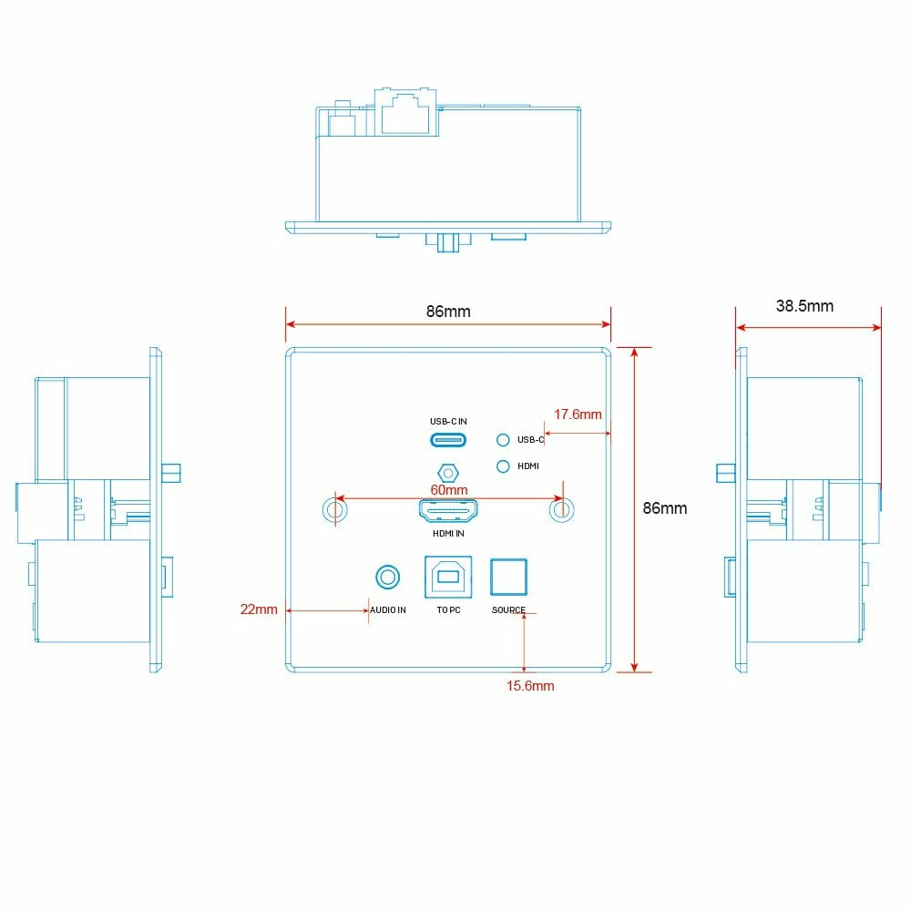 LINDY CAT6 Hdmi 4k60 & Type C Hdbaset Uk Wall Plate KVM Extender, Transmitter 150m