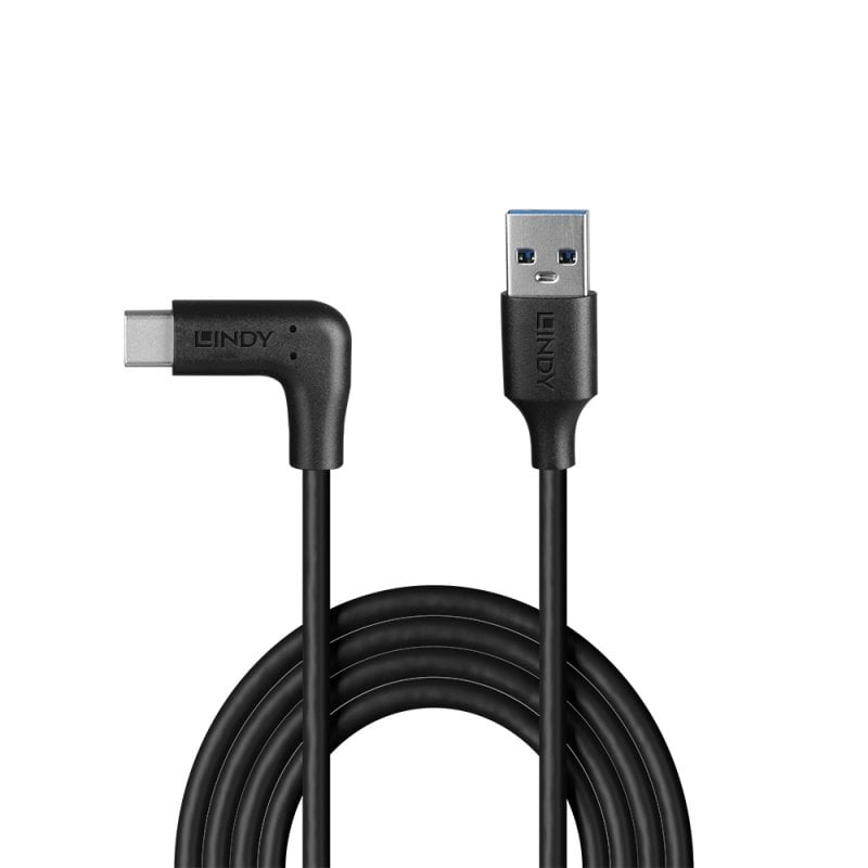 LINDY Cable - USB-a Male - USB-c  Male - 1m - 90 Degree Right Angle 10gbps Black