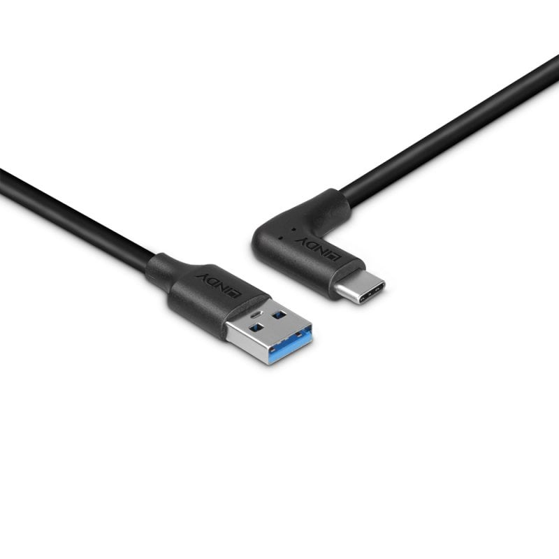 LINDY Cable - USB-a Male - USB-c  Male - 1m - 90 Degree Right Angle 10gbps Black