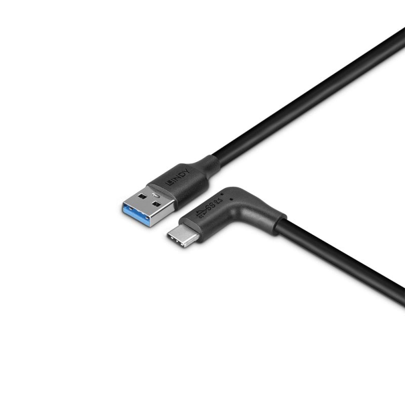 LINDY Cable - USB-a Male - USB-c  Male - 1m - 90 Degree Right Angle 10gbps Black