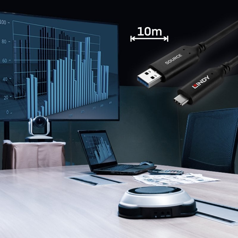 LINDY Hybrid Cable USB 3.2 5gbps - USB-a Male - USB-c  Male - 10m - Black