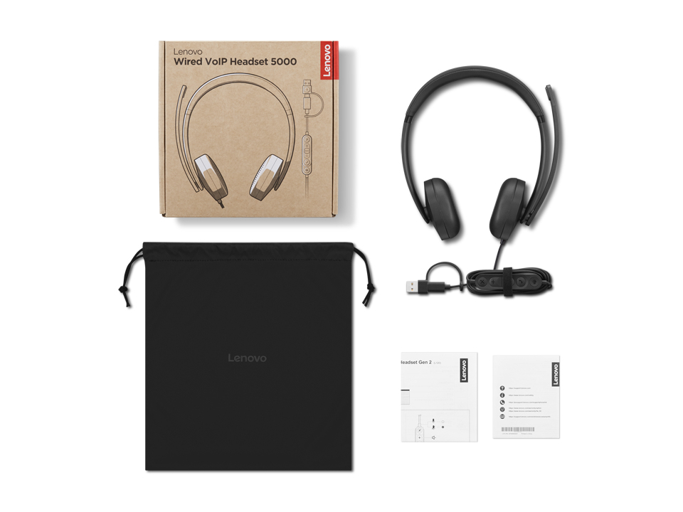 LENOVO Wired VoIP Headset 5000 - Stereo - USB-C/A - Black