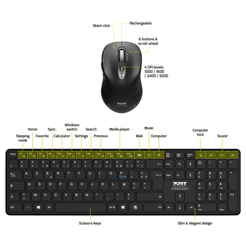 PORT DESIGNS Bundle / Bluetooth Wireless Pack: Rechargeable Keyboard + Mouse Office Pro  - Qwerty Uk