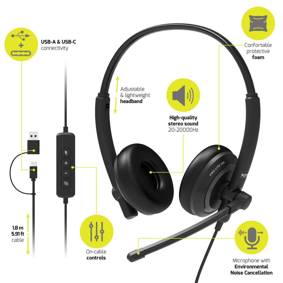 PORT DESIGNS Headphone - PRO LITE 250 - Stereo - USB