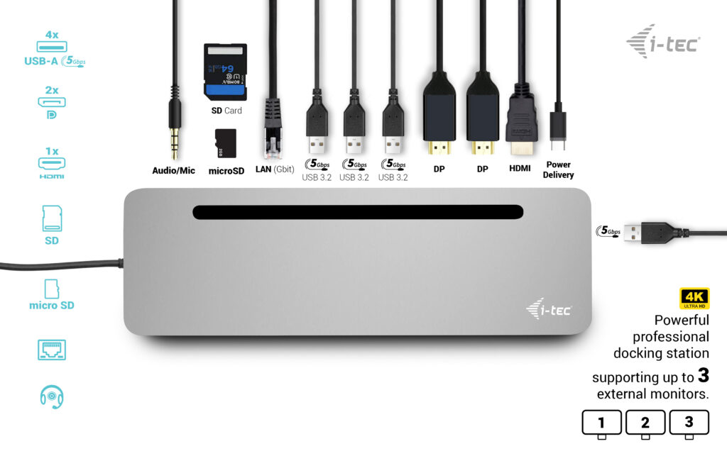 I-TEC ELECTRONICS Ergo Metal Ergononomic Dock - USB-c -  3 X LCD - 4k - Power Delivery 100w