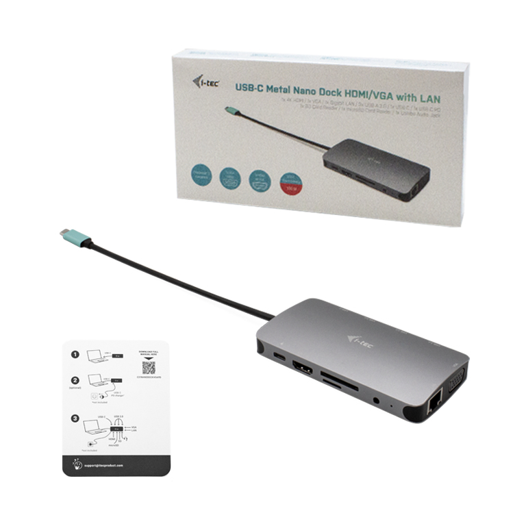I-TEC ELECTRONICS Bundle Docking Station Nano Dock Metal - USB-c Hdmi / Vga / Lan - Power Delivery 100w + Charger 100w