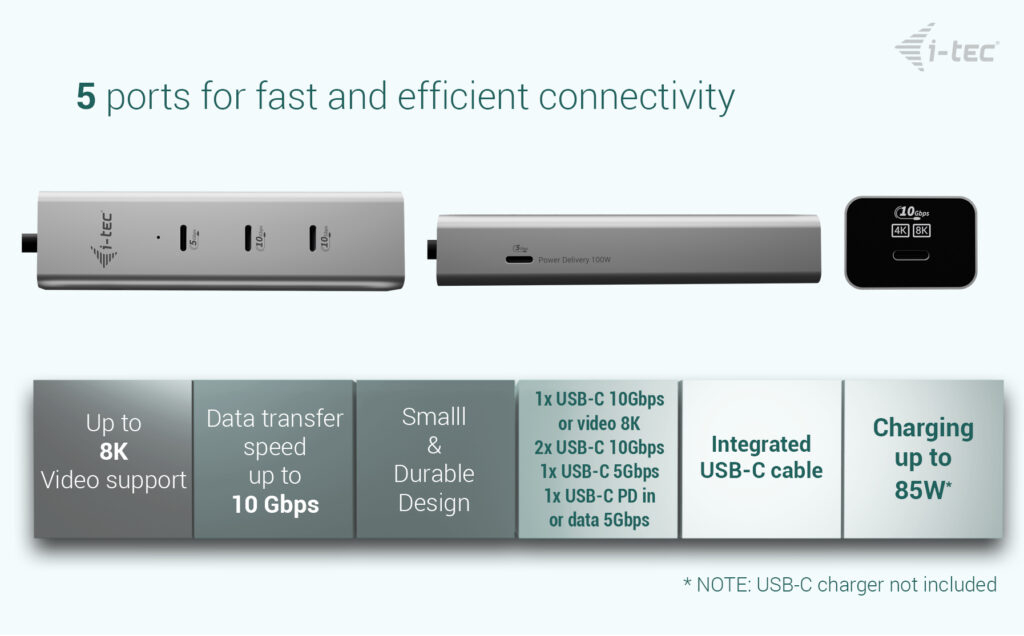 I-TEC ELECTRONICS USB-c Charging Metal Hub 5 Port With USB-c Video 8k + Power Delivery 85w